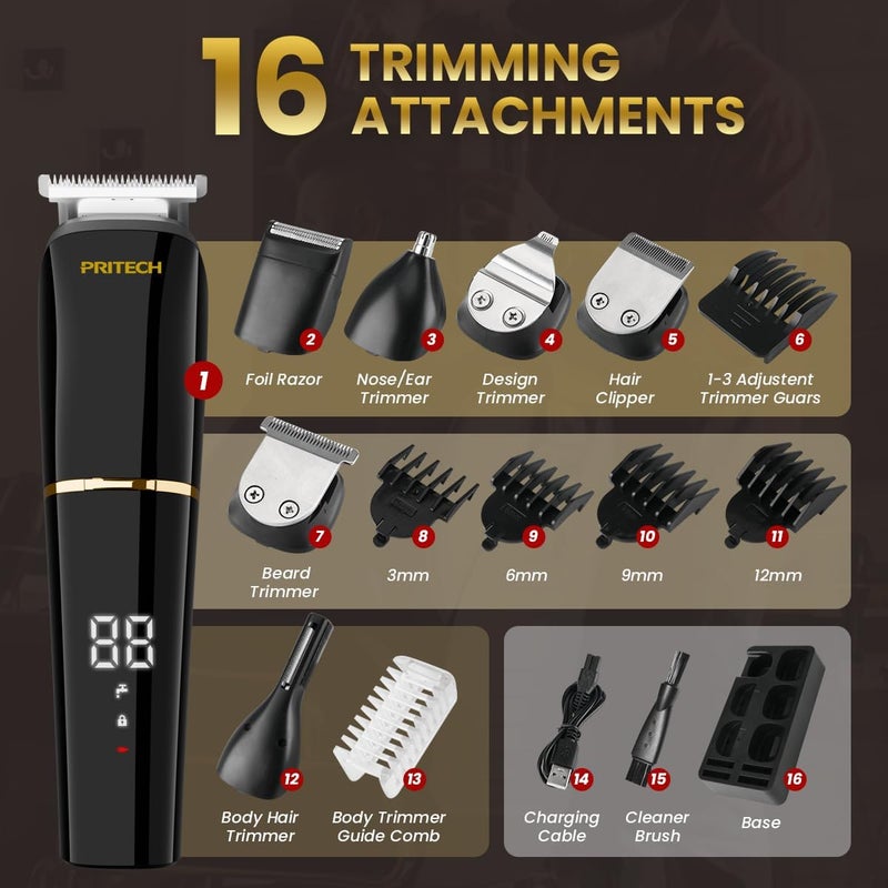 pritech Beard Trimmer for Men,6 in 1 Hair Clippers Kit, Precision Cordless Grooming Kit Waterproof IPX6 for Beard, Hair, Body, Nose, Ear, with Foil Razor (Black) - Image 5